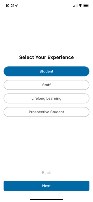 select your experience screen