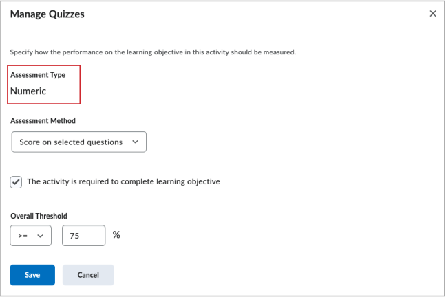 The new Manage Quizzes page, without the Rubric Assessment Type