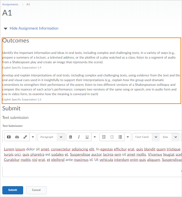 Learner view when submitting an assignment with associated Outcomes