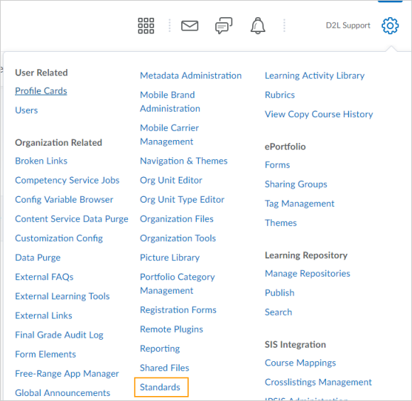 The new Standards tool in the Admin Tools menu