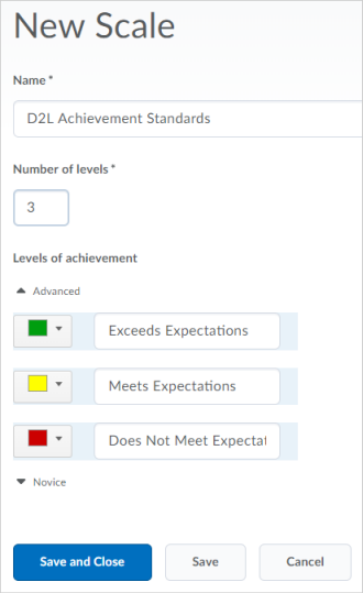 A scale with 3 levels of achievement in the Standards tool