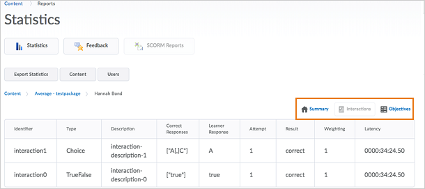 Figure: The Summary, Interactions, and Objectives buttons as they appear on the SCORM report page