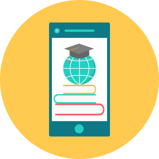 Smartphone with books, globe, and graduation cap.