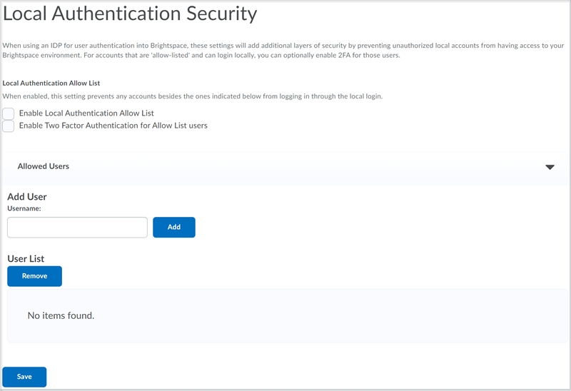 Figure: The Local Authentication Security page before the update