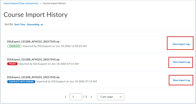 On the Course Import History page, you can view the import log for more information about the import attempt.