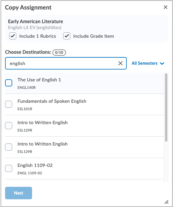 The Copy Assignments dialog enables you to select the associated rubrics and grade items and choose destinations.