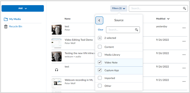 Search filters in the Media Library Management tool.