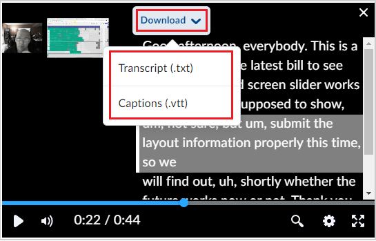 Media Player Transcript and Captions download options.