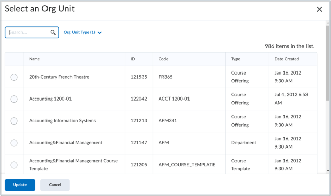 Select an Org Unit page with the new table view and Filter by Type option.