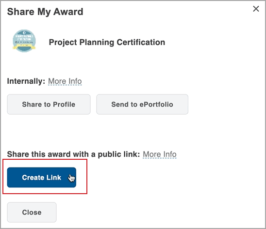 The Create Link button in Awards