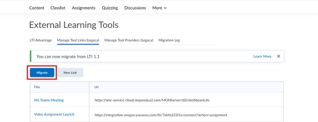 The Migrate button of the Manage Tool Links (Legacy)tab.
