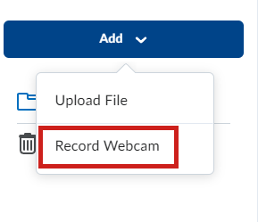 The Add drop-down menu in Media Library, with the Record Webcam option selected.