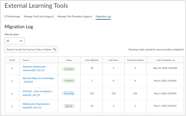 An example of the Migration Log tab and table in External Learning Tools.