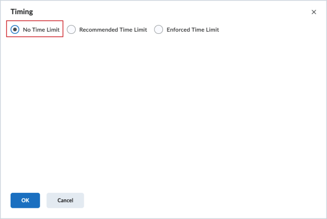 Instructor view of the New Quiz page with the new default No Time Limit option selected.