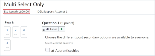 Learner view of a quiz attempt in progress before this update, displaying the recommended time limit.