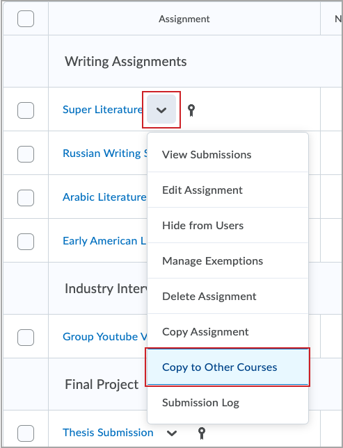 The Copy to Other Courses menu option in Assignments