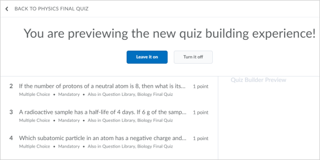 New quiz building screen with the options to opt in and opt out